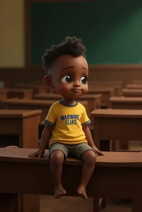 A young African baby boy of about 5 years with short trousers and a yellow t-shirt. On the T-shirt, Write WABWIRE ELIAS in blue. Let him sit on a back sit in a lecture hall