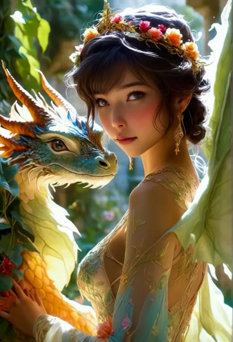 A cute yuna (sheer gown, intricate embroidery, no underwear), training a playful baby dragon. Joyous scene, magical, high fantasy, in the castle courtyard garden