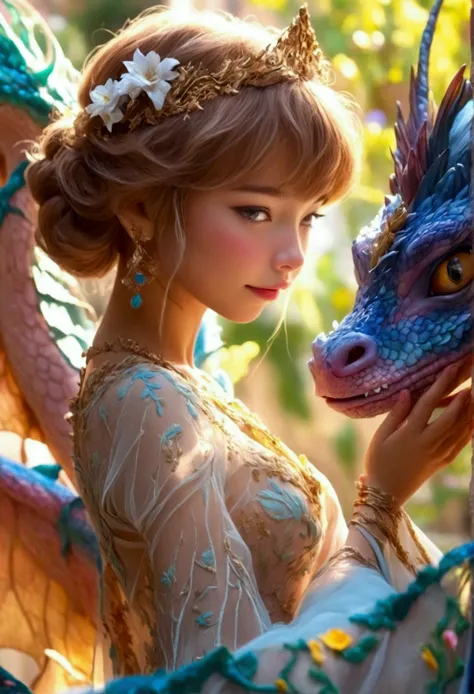 A cute yuna (sheer gown, intricate embroidery, no underwear), training a playful baby dragon. Joyous scene, magical, high fantasy, in the castle courtyard garden