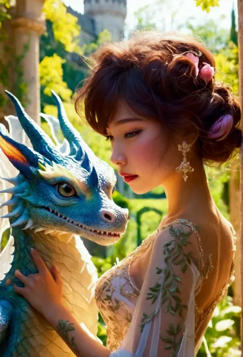 A cute yuna (sheer gown, intricate embroidery, no underwear), training a playful baby dragon. Joyous scene, magical, high fantasy, in the castle courtyard garden