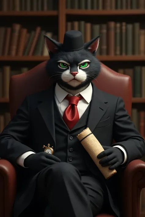 Mordecai Heller character black cat, white muzzle,
,green eyes, (posing sitting on chair)
 (soft shading), 4k, 4 fingers, detailed hands, ((detailed face, (detailed eyes,) solo, looking with frowned, , black suits, white shirt, upper body, male focus, neck...