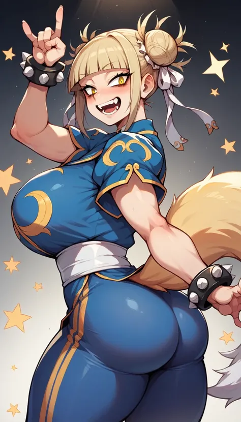 Anime girl Himiko toga Blonde hair, yellow eyes from My hero academia, Chun-Li Street fighters cosplay, bare waist, standing, on stage singing, sfw huge breasts, sfw huge ass, ecchi anime style, oppai, ecchi, rei hiroe, fox nobushi, commission for high res...