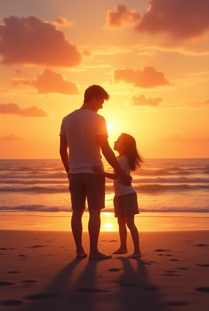 A father enjoying a sunset on the beach with his young daughter 

