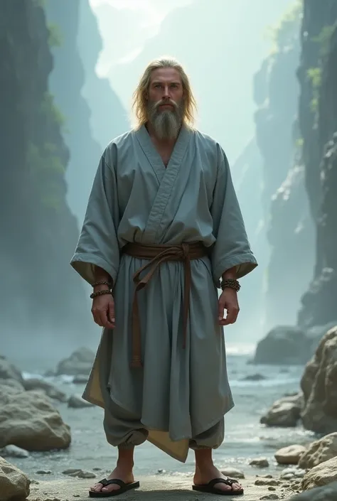 Create the bottomless image of an RPG D character&D he is a young man of twenty years old 1,76 tall thin but athletic shoulder-length blonde blue-eyed blond wears gray monk clothes full medium beard on his right wrist has a Japamala bracelet and simple san...