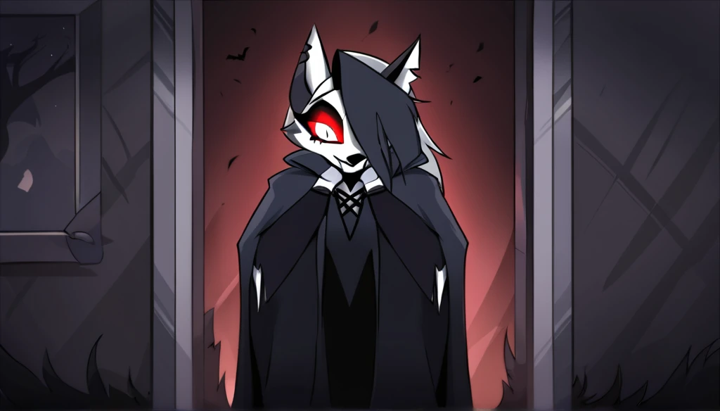 (1girl, solo), perfect body, slim,
anthro, robe, furry, smile, sinister look, grim reaper outfits, cape covering whole body, long black cape, hoods covered head, head down, red eyes, room, standing, 
Loona (Helluva Boss), Masterpiece, Best Quality, horror ...