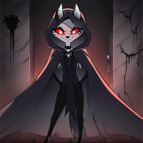 (1girl, solo), perfect body, slim,
anthro, robe, furry, smile, sinister look, grim reaper outfits, cape covering whole body, long black cape, hoods covered head, head down, red eyes, room, standing, 
Loona (Helluva Boss), Masterpiece, Best Quality, horror ...