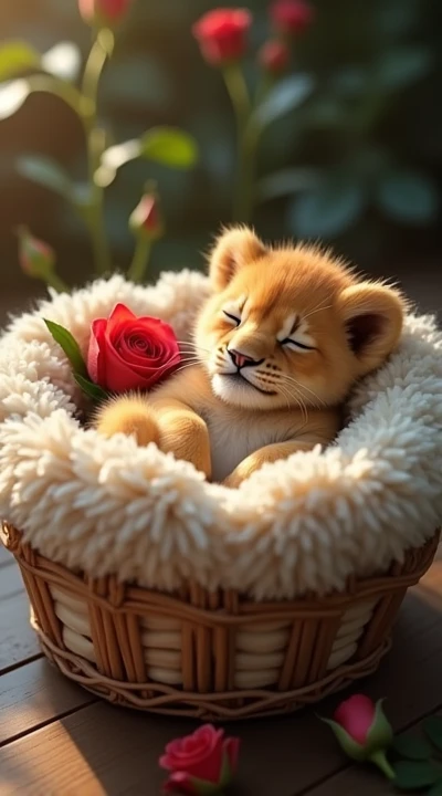 fluffy lion cub is sleeping comfortably in his fluffy basket and has a red rose in his basket