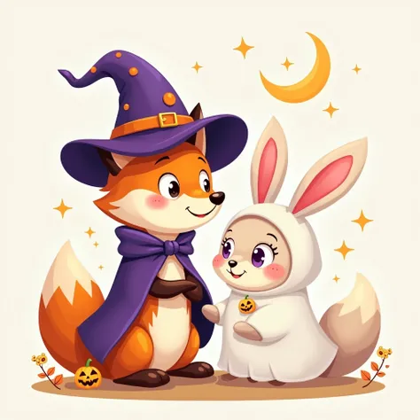 A cute cartoony Halloween Profile picture of a fox wearing a purple witch costume dating a cute bunny wearing a cute ghost outfit 