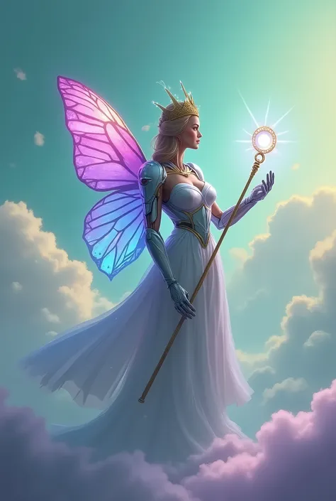 A logo woman standing with a prism on her hand, wearing a robot costume and holding a magic stick. She has Alemante Laike-style butterfly wings—vibrant and geometric, in shades of bright clover-like green, blue, and purple—spreading out behind her. Instead...