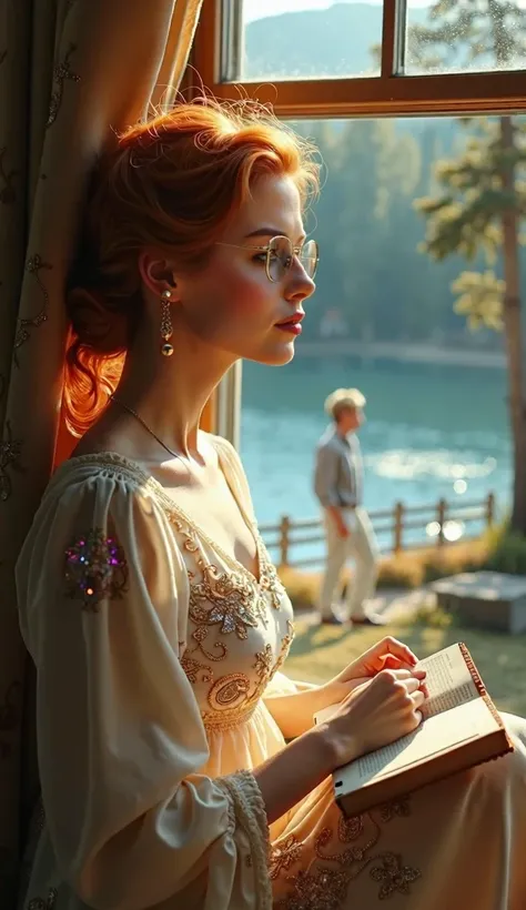 A beautiful red-haired woman with wavy hair tied to the side, wearing thin round glasses and a delicate vintage dress, sits by a window, looking out with a mixture of sadness and confidence. In her hands, she holds a book, her posture relaxed yet concealin...