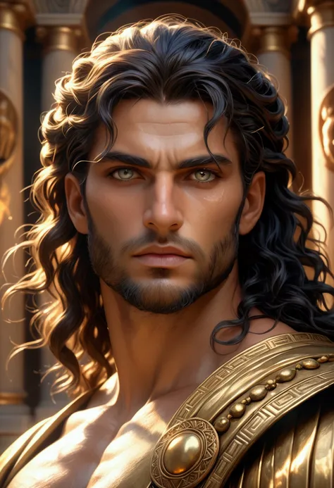 a majestic greek god, highly detailed face, piercing eyes, strong jawline, flowing hair, dramatic pose, dramatic lighting, golden ornaments, mythological setting, glowing aura, cinematic composition, epic scale, masterpiece, (best quality,4k,8k,highres,mas...