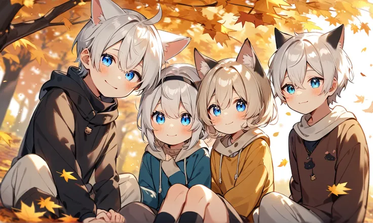 single, sitting in autumn, autumn,  white hair, blue eyes, young, kawaii, boy, shota, cat ears, smiling, various eye color,