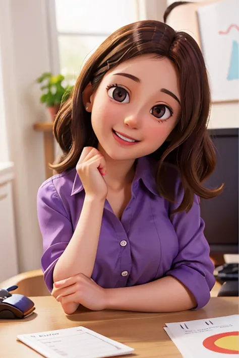 white woman, 33 years old, curly brown hair, brown eyes, perfect face, perfect hands, purple shirt, hands on chin, happy and smiling expression, printer next to it, office desk