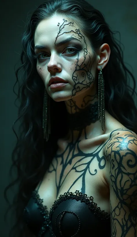 Enchantress from Suicide Squad:

For an eerie Enchantress look, use prosthetics to add depth to the mystical tattoos that crawl up her body. Create an otherworldly texture with latex prosthetics around her face, giving her a worn, ancient feel, as though h...