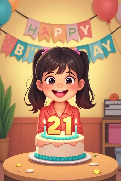 A young cartoon girl celebrating her 21st birthday.21 number is on her cake.thare is a banner with printed Happy birth day සඳු අක්කි on the wall behind her