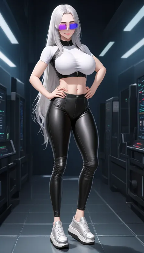 Beautiful woman, black leather pants tight to the body, tight-fitting t-shirt, platform sneakers, long hair, silver hair,googles on forehead, Long and combed hair, Big breasts, breasts, trans thighs, Violet eyes, , smile, seductive face, Shine, High resolu...