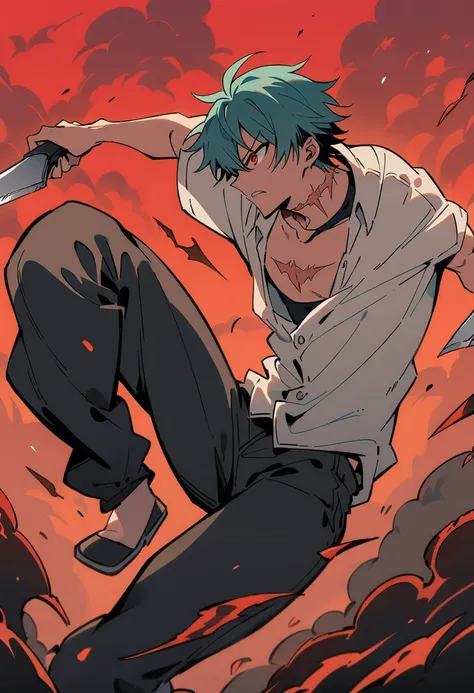 Male Teenager ,solo, white button down shirt, black undershirt, black jean pants, black shoes, teal hair, scar neck , red eyes, sninster look, masterpiece, best quality, hell, red sky, holding knifes, throwing knifes