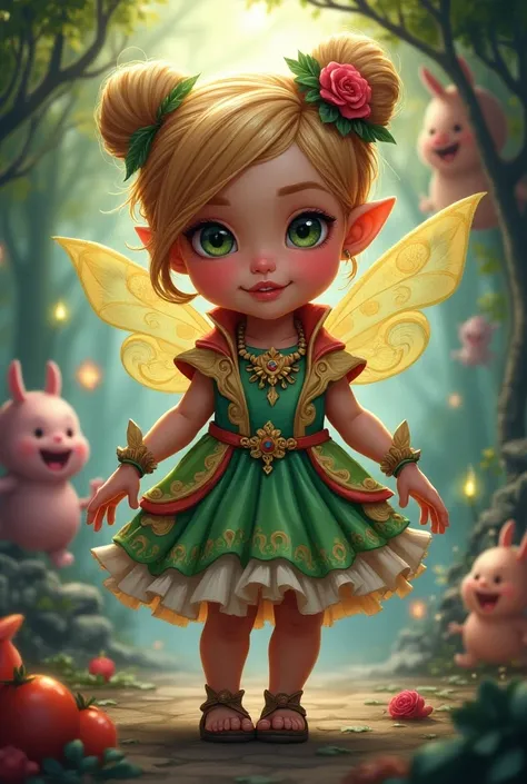 Create an illustration of Velia, the  goddess of pranks, embodying a cherubic yet cunning demeanor. She appears youthful with bright, playful features, large expressive eyes, and a mischievous smile. Adorn her in whimsical attire that hints at both innocen...