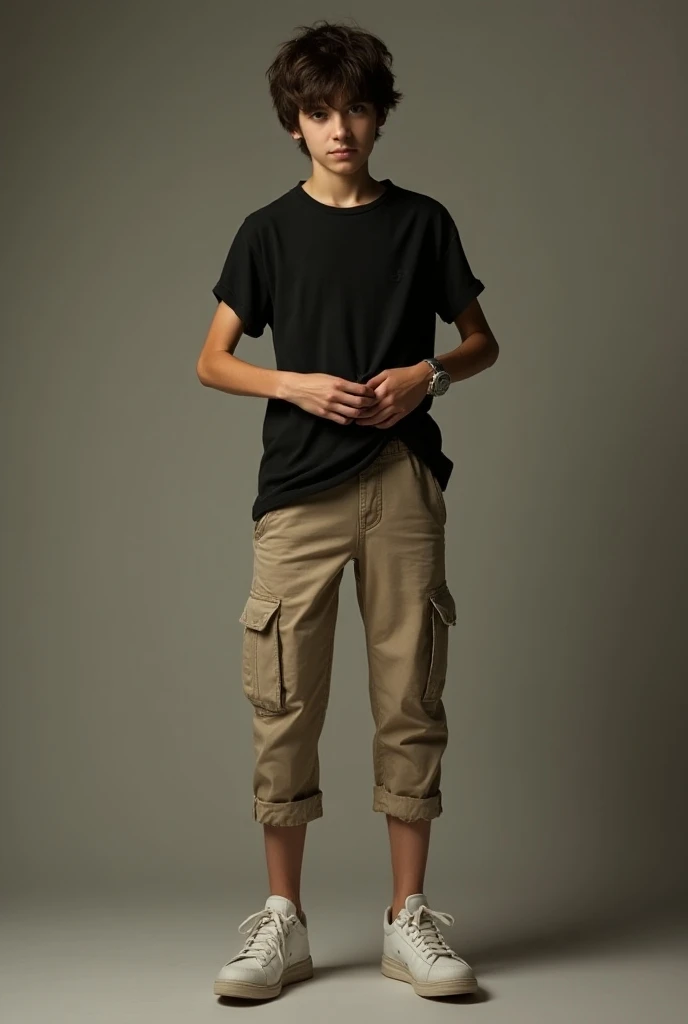 Tall and thin 14-year-old teenage man wearing beige cargo pants loose black t-shirt sturdy white sneakers sucking boxer briefs with both hands and a relieved expression 