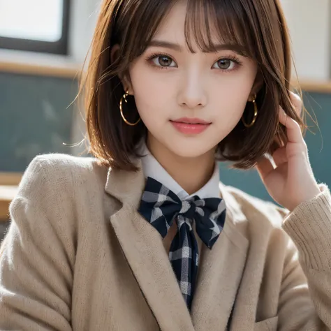 (Two beautiful and cute high school girl in a school uniform is in a high school classroomduring lunch break, she is wearing a blazer and a Checkered pleats skirt as her uniform, with a Ribbon accent around collar:1.3), (two high school girls is deeply in ...