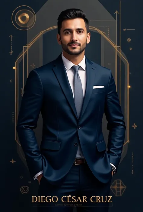 Create a professional and impactful profile image that combines the elegance of bold typography with a modern, stylized portrait. The name "Diego César Cruz" should be prominently displayed in a sleek, gold font, much like the first image, with geometric s...