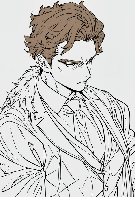 (best quality, high resolution ,work of art:1.2),ultra-detailed,Anime line art:1.1,black and white,line art,manga style,  a man with short Brown hair,  Suit clothing , Wolf eras, strong, white skin 