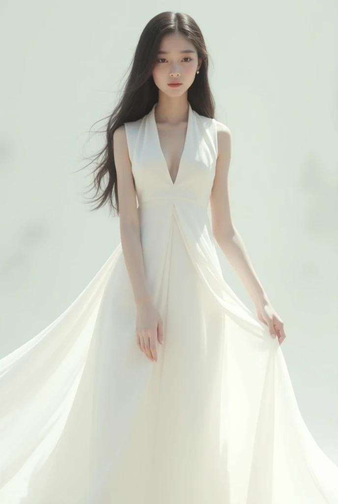 Draw Vietnamese girl in white long dress in minimalist style