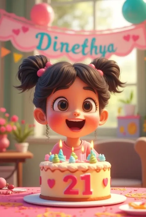 A young cartoon girl celebrating her birthday.21 number is on her cake.thare is a banner with Printed Dinethya behind her