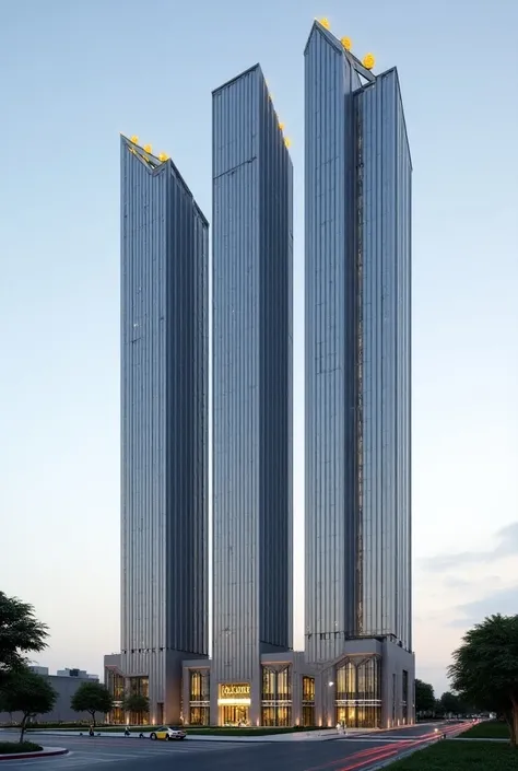 Create 3 tall , sleek and modern buildings with its 10 floors joint. Write "CROWN EMPIRE" in English in golden color on each of the towers