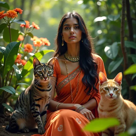 Beautiful Indian girls with beautiful cats inside Jungle with beautiful flowers photoshoot