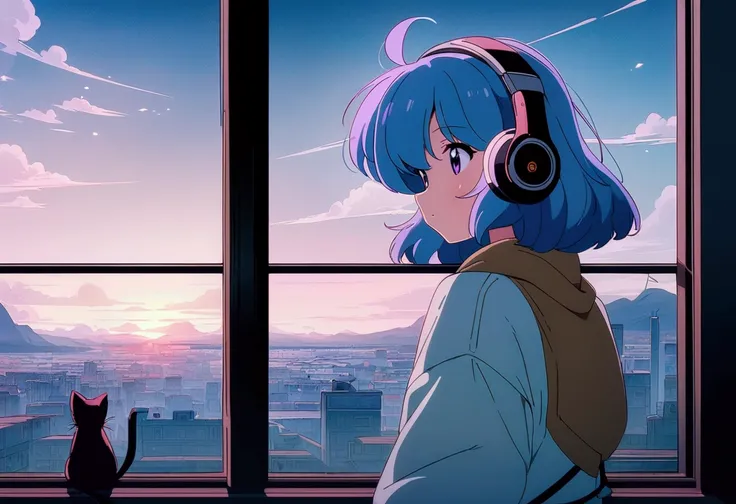 Anime girl wearing headphones looking out the window at the city, Lo-fi Girl and black cat, Anime atmosphere, Lofi Artstyle, Anime Style 4k, Anime Aesthetics, Nightcore, Lo-fi feeling, Lofi Art, anime art wallpaper 4k, anime art wallpaper 4k, anime wallpap...