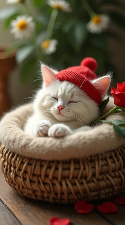 fluffy white cat is sitting comfortably in his fluffy basket and has a red rose in his basket and he have a red cap