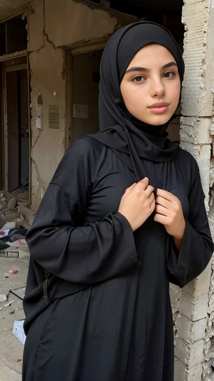 1 busty petite arab woman, close up, face focus, looking at camera, skinny, petite body, nubile, cute face, big nose, posing for picture, perfect lips, fat lower lip, abaya dress, hijab, modest clothes, black clothes, dirty dusty clothes, stabding by a bom...