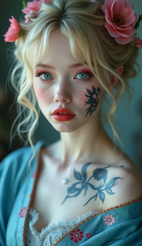 Highly detailed portrait of a fantasy beautiful Japanese female character with intricate floral ornament, pale skin, big expressive eyes, intricate black face tattoo and delicate flowers in her hair. The character has a mysterious, ethereal look with her p...