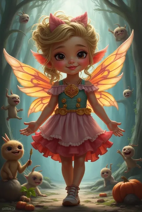 Create a realistic illustration of Velia, the  goddess of pranks, embodying a cherubic yet cunning demeanor. She appears youthful with bright, playful features, large expressive eyes, and a mischievous smile. Adorn her in whimsical attire that hints at bot...