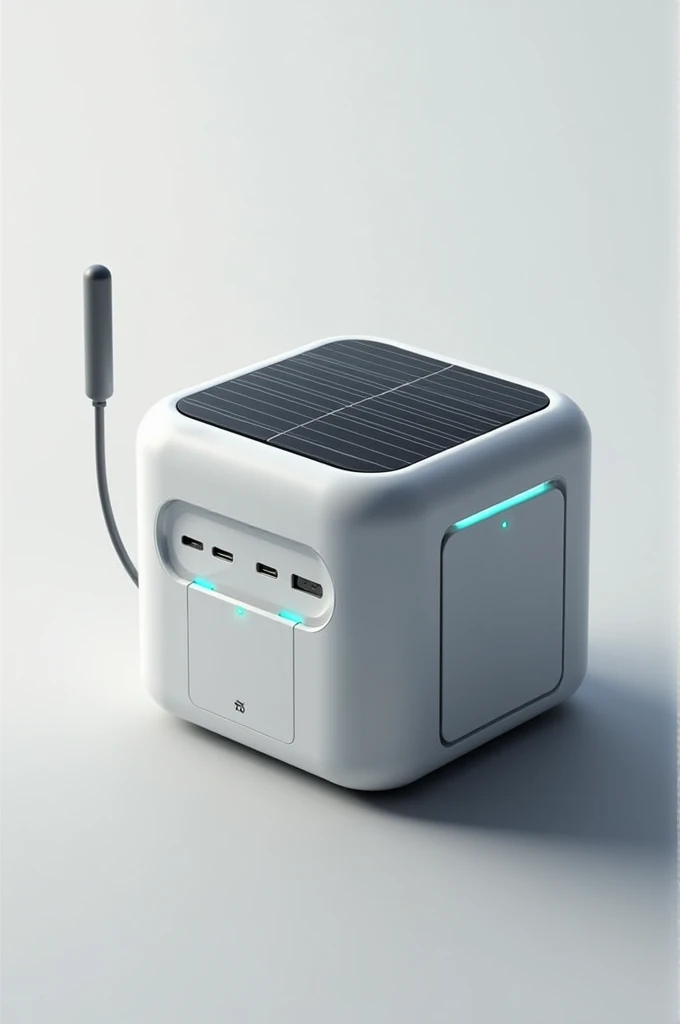 A compact, portable cube that generates electricity from solar power and offers WiFi connectivity.