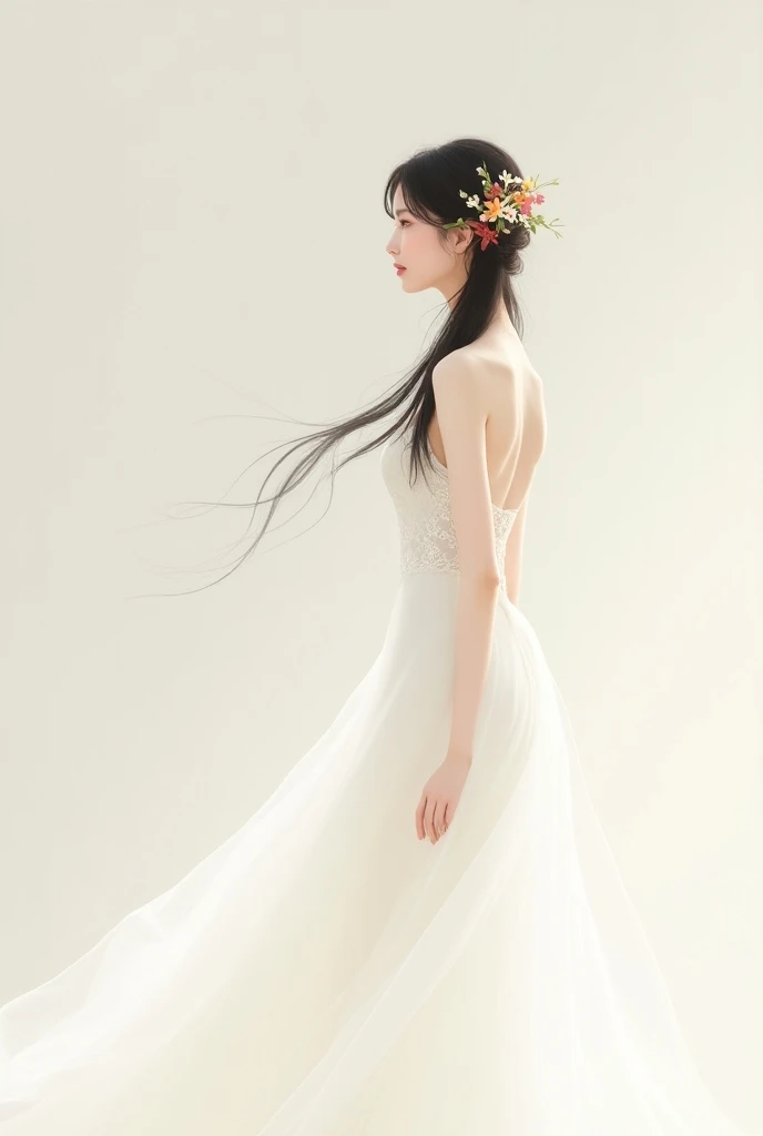 Draw Vietnamese girl in white long dress with flowers in minimalist style