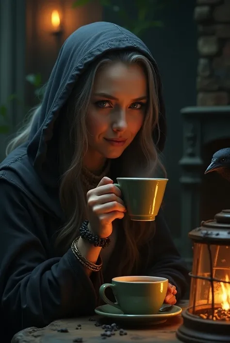 Witch drinking coffee