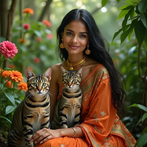 Beautiful Indian girls with beautiful cats inside Jungle with beautiful flowers photoshoot