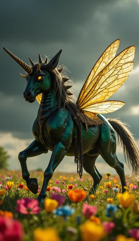 "Create a striking image of an angry hybrid creature that combines the features of a unicorn and a bee, set against a vibrant, magical meadow. This creature should have the robust body of a unicorn, covered in shimmering black fur that reflects iridescent ...