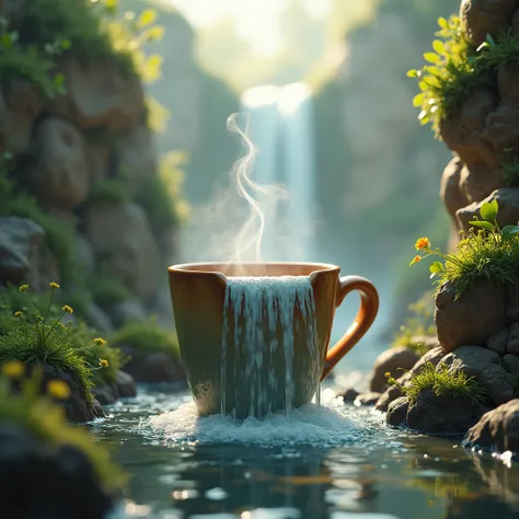 fluxlatte, a landscape with a waterfall in a cup of coffee