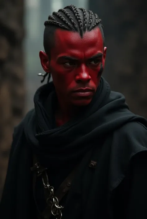 A pure-blooded Sith. With red skin color. Hairstyle - braids. A young guy. In a black Jedi robe. A scar on his face
