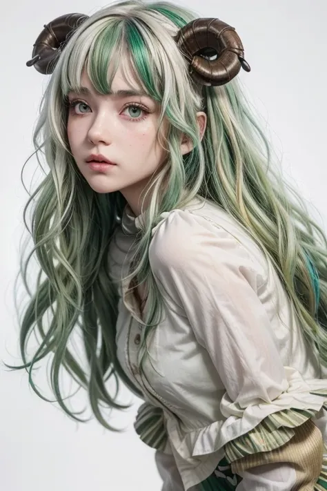 ((Live 2D ))  masterpiece, 1 girl, full body, stand up, roupas steampunk, military clothing,  looking at the spectator, detailed face, girl with green wavy hair, fringe,  metal sheep horns , Gradient hair,  multicolored hair , light green hair, Turquoise h...