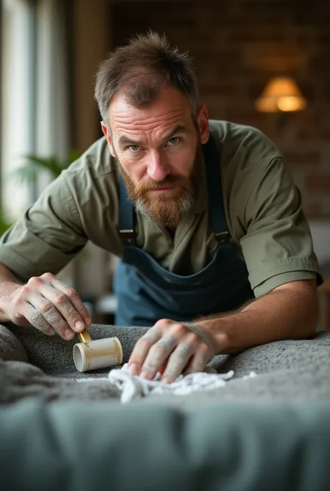 Create for me the image of a man with little hair , light brown beard and green eyes working professionally waterproofing a sofa, not cartoon style