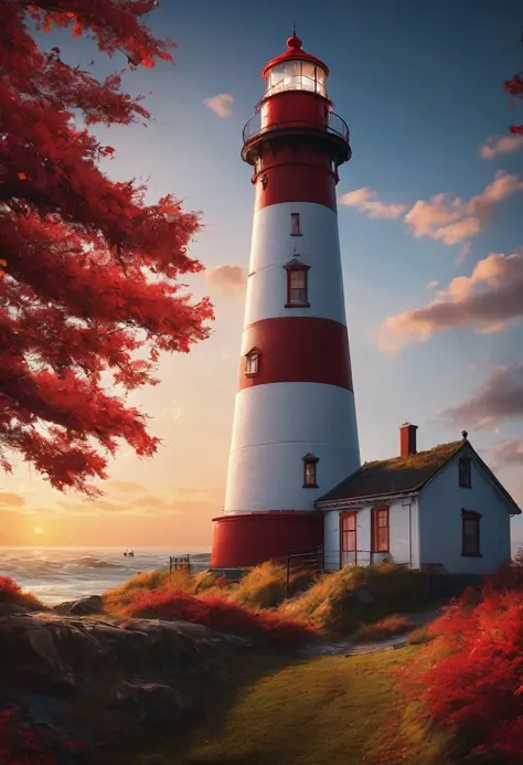 score_9, score_8_up, score_7_up, (masterpiece, best quality, UHD, 8K, 16K, ultra detailed), scenery, 1lighthouse, loneliness, sunset, autumn, (red leaves:1.1), (wind:1.2), [wave], cozy, vibrant color, cinematic composition, diffused light, dramatic ambient