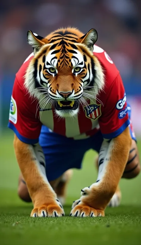 A ferocious tiger wearing the Atlético de Madrid jersey crouches in an attacking position, its stripes reminiscent of the clubs traditional red and white. It symbolises the teams determination and indomitable spirit on the pitch.