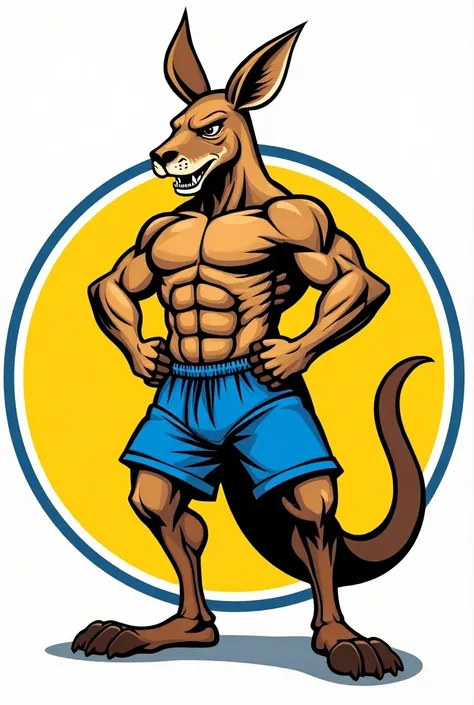  creates an illustration of an anthropomorphic and hypertrophied kangaroo ., wearing blue shorts,  within a circular yellow frame ,  the border of the frame must be blue and white .  the centralized body , Looking ahead,  with a skin texture , the aggressi...