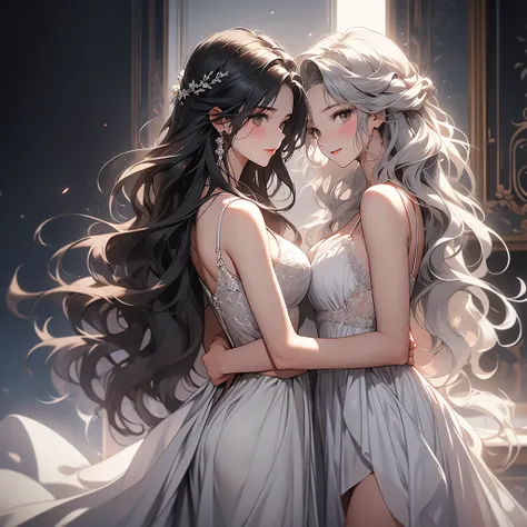  A girl with gray wavy hair and gray eyes in a white closed dress looks away uncertainly and sadly,  A girl with gray wavy hair and gray eyes in revealing red lingerie grins confidently and sexually , the picture is divided into two , Type: reflection