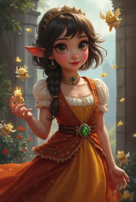 Create a hyper realistic illustration of Velia, the  goddess of pranks, embodying a cherubic yet cunning demeanor. She appears youthful with bright, playful features, expressive eyes, and a mischievous smile. Adorn her in whimsical attire that hints at bot...