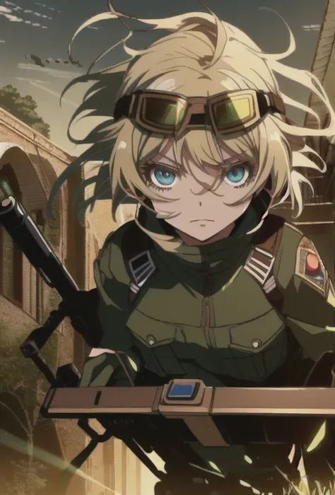 a cartoon picture of a girl with goggles and a gun, ry girl, in attack on titan, of a sniper girl in war, soldier girl, from attack on titan, female protagonist 👀 :8, epic anime style, neferpitou, anime girl named lucy, anime character, annie leonhart, tri...